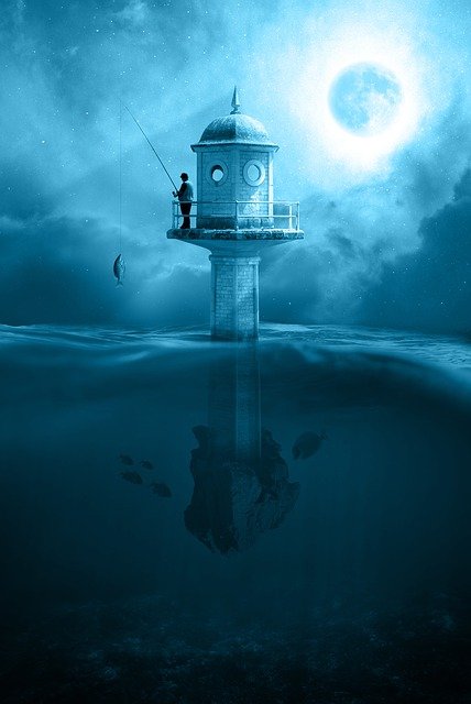 digital art graphic showing a boy fishing from a beautiful tower